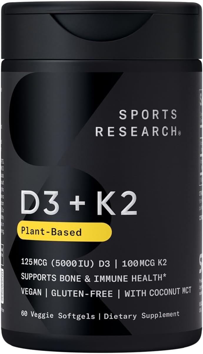 Sports Research® Vegan D3 5000iu with Vitamin K2 100mg - Formulated with Coconut MCT Oil - Vegan Certified, Soy & Gluten Free - 60 Softgels