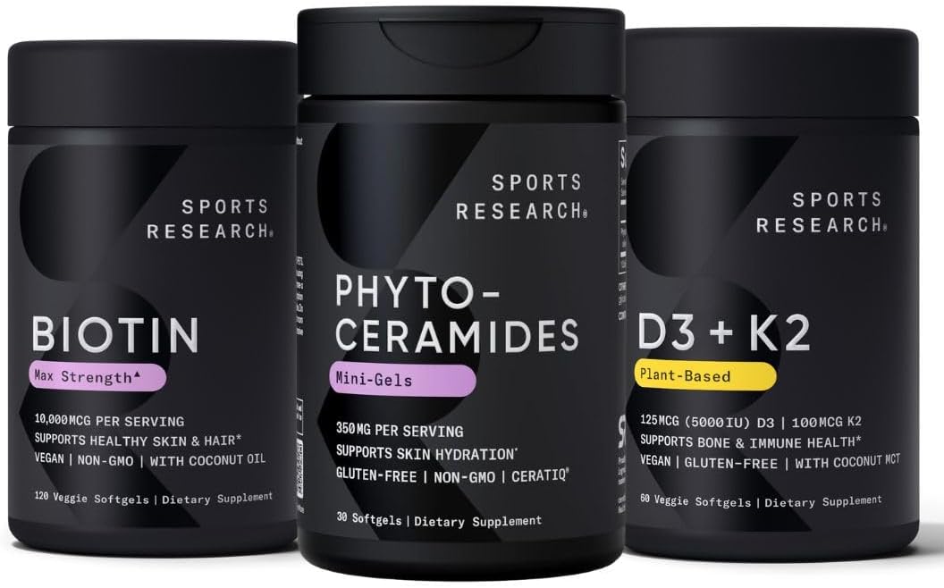 Sports Research Vitamin D3 K2 with Coconut Oil, Vegan Biotin 10,000mcg with Coconut Oil & Phytoceramides 350mg per Softgel Plant Derived Ceramides for Healthy Skin and Hydration