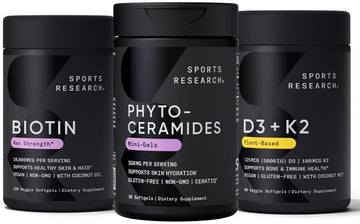 Sports Research Vitamin D3 K2 with Coconut Oil, Vegan Biotin 10,000mcg with Coconut Oil & Phytoceramides 350mg per Softgel Plant Derived Ceramides for Healthy Skin and Hydration