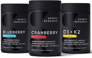 Sports Research Cranberry Fruit Complex Supplement with Pacran & Vitamins C & E, Whole Fruit Blueberry Concentrate Made from Organic Blueberries and Plant Based Vitamin D3 + K2 with Coconut Oil