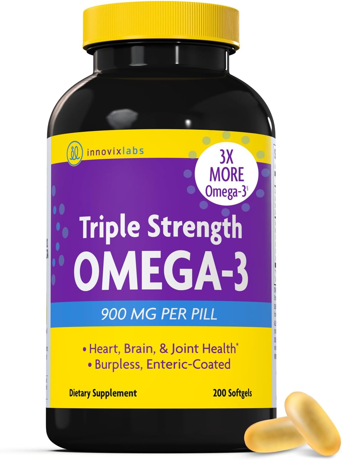 nnovixLabs Triple Strength Omega 3 Supplement, Burpless Fish Oil for Women and Men - 900 mg EPA & DHA, Brain & Joint Support, Award Winning & Third-Party Tested, 200 Softgels
