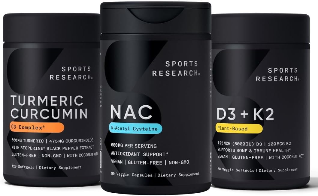 ports Research Vitamin D3 K2 with Coconut Oil, Turmeric Curcumin C3 Complex Softgels with Bioperine Black Pepper Extract & Organic Coconut Oil and N-Acetyl L-Cysteine (NAC) 600mg Veggie Capsules