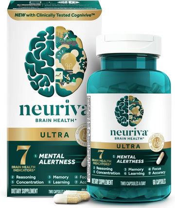 NEURIVA Ultra Decaffeinated Clinically Tested Nootropic Brain Supplement for Mental Alertness, Memory, Focus & Concentration, Cognivive, Neurofactor, Phosphatidylserine, Vitamins B6 B12, 60 Capsules
