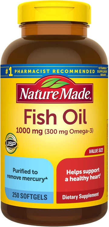 Nature Made Fish Oil Omega 3 Supplements, 1000mg Softgels, Omega 3 Fish Oil for Healthy Heart Support, 250 Softgels, 125 Day Supply