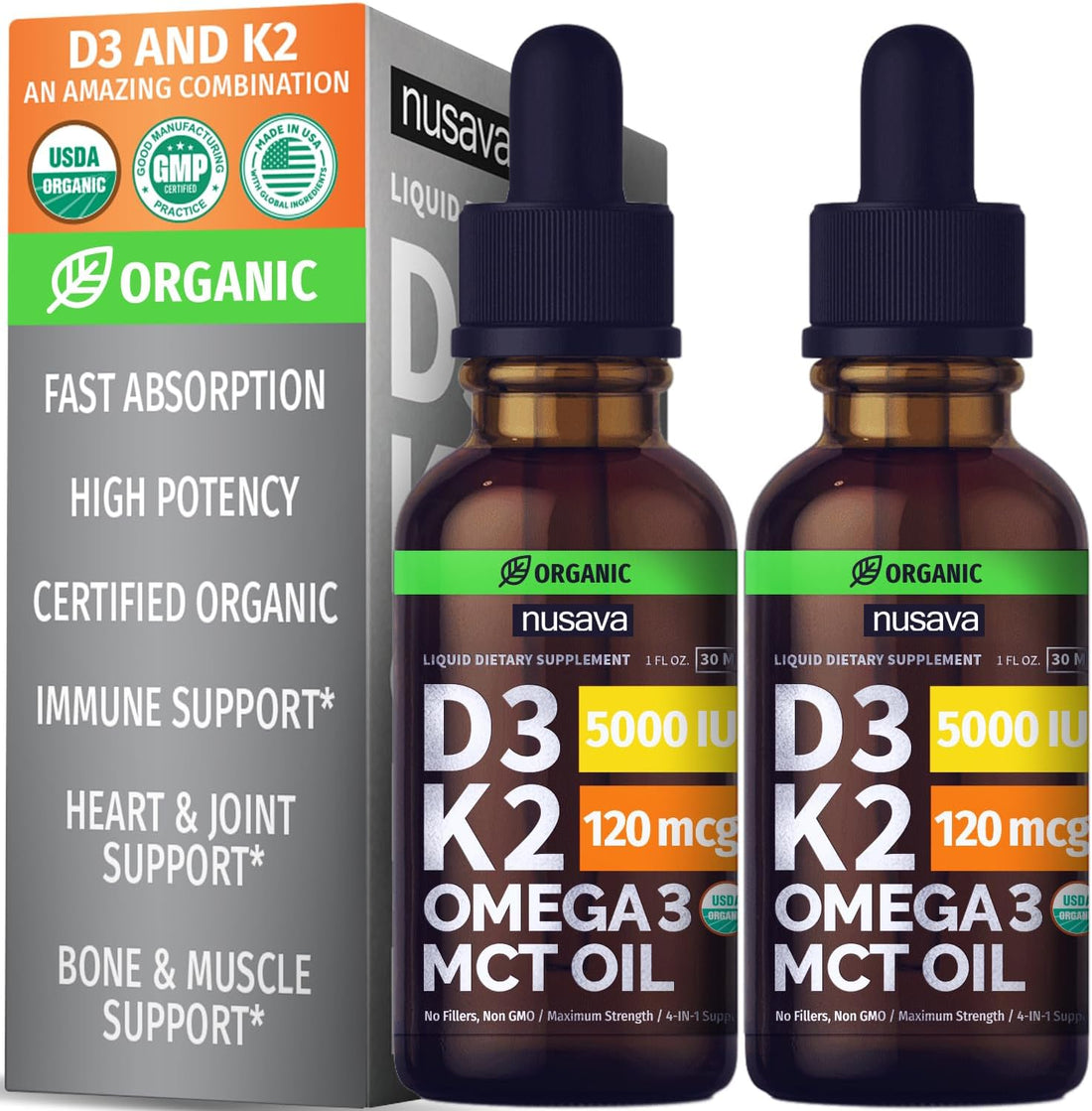 NUSAVA Vitamin B12 Liquid Drops and Unflavored D3 K2 Bundle - Potent Liquid Vitamins for Heart, Joint, Energy, & Immune Support - Non-GMO, Gluten-Free, 2pk Each