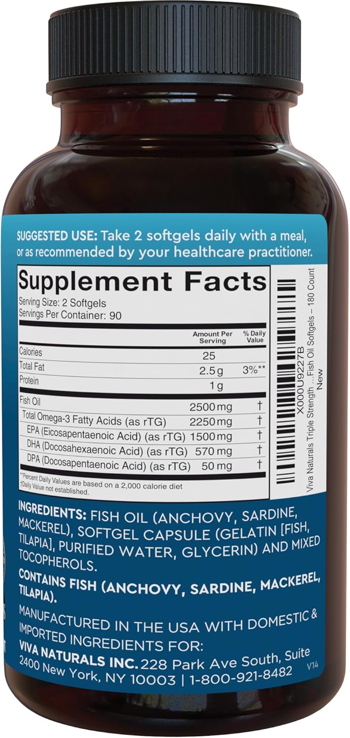 Viva Naturals Omega 3 Fish Oil Supplement for Women and Men - 2500 mg Triple Strength Fish Oil with Omega 3 Fatty Acids Including EPA, DHA DPA - 180 Pescatarian-Friendly Softgels