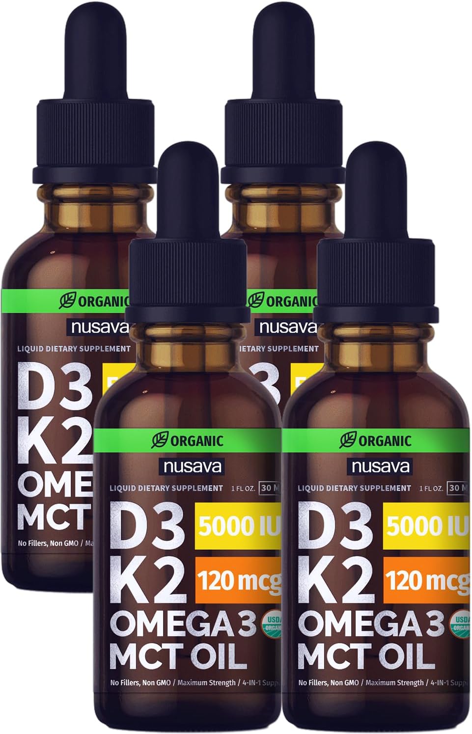 Organic Vitamin D3 K2 Drops with MCT Oil Omega 3, 5000 IU - Maximum Strength Vitamin D Liquid, No Fillers, Non-GMO Liquid D3 for Faster Absorption and Immune Support, Unflavored, 4 Fl Oz (4 Pack)