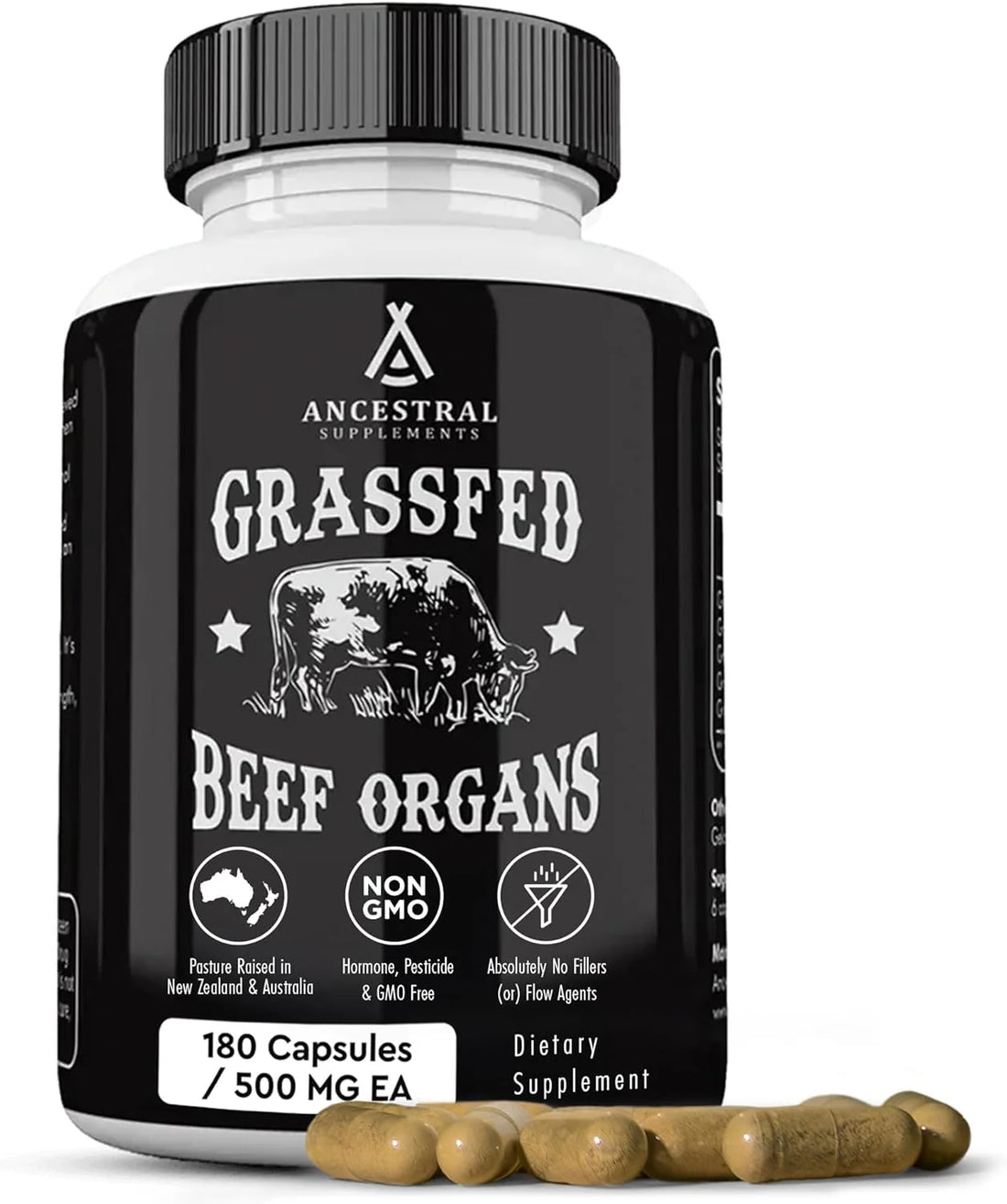 Grass Fed Beef Organ Supplement, Supports Whole Body Wellness with Proprietary Blend of Liver, Heart, Kidney, Pancreas, Spleen, Freeze-Dried Beef, Non-Gmo, 180 Capsules