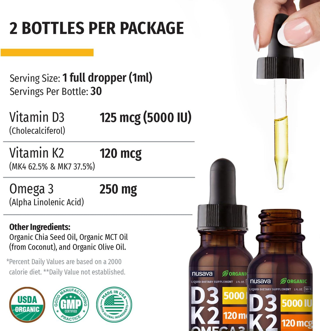 Organic Vitamin D3 K2 Drops with MCT Oil, Omega 3, 5000 IU - Vitamin D Liquid, No Fillers, Non-GMO D3 for Body’s Defenses and Faster Absorption, Unflavored, 2 Fl Oz (2 Pack)