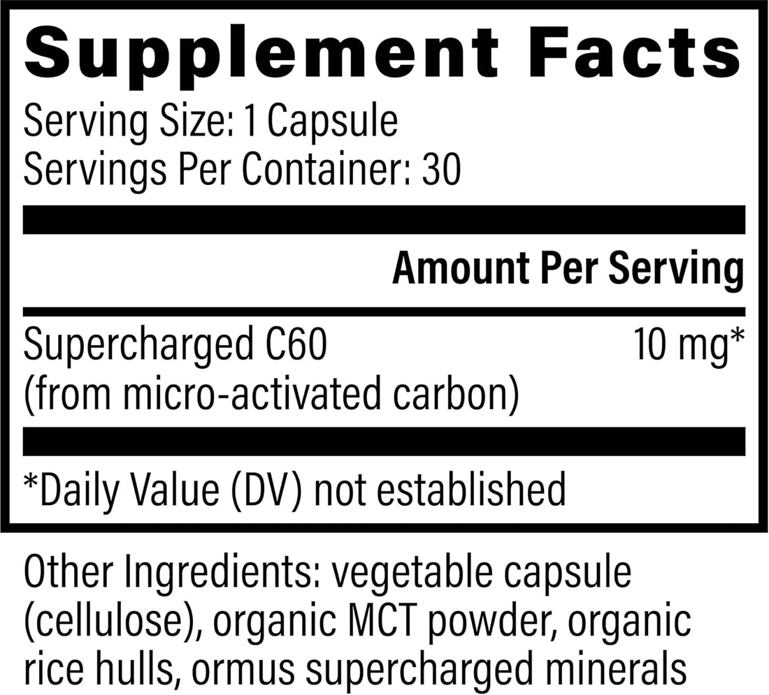 Global Healing Center Supercharged C60 - Micro-Activated Carbon Fullerene w/Organic MCT Powder, 10 Times More Powerful Than Regular C60 Supplements - Helps Detoxification, Aging (30 Capsules)