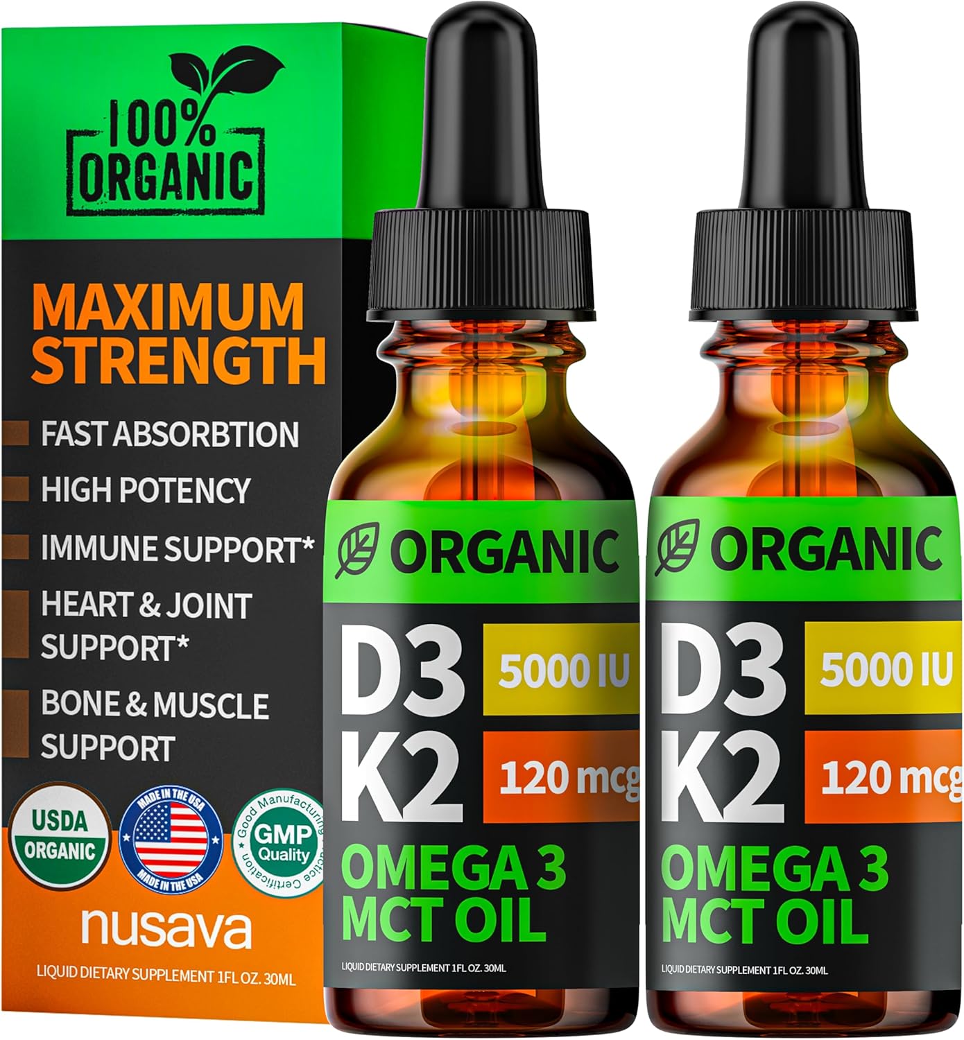 Organic Vitamin D3 K2 Drops with MCT Oil, Omega 3, 5000 IU - Vitamin D Liquid, No Fillers, Non-GMO D3 for Body’s Defenses and Faster Absorption, Unflavored, 2 Fl Oz (2 Pack)
