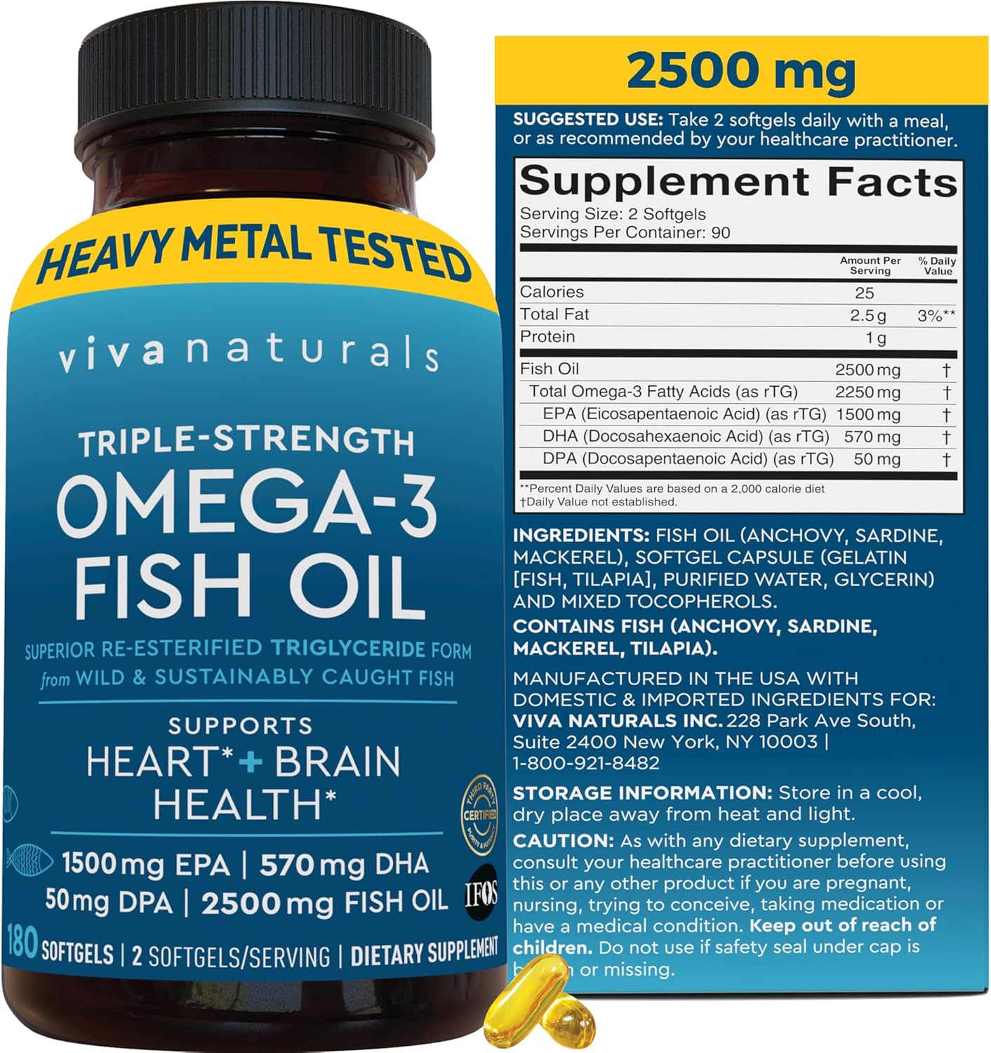Viva Naturals Omega 3 Fish Oil Supplement for Women and Men - 2500 mg Triple Strength Fish Oil with Omega 3 Fatty Acids Including EPA, DHA DPA - 180 Pescatarian-Friendly Softgels