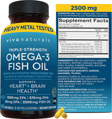 Viva Naturals Omega 3 Fish Oil Supplement for Women and Men - 2500 mg Triple Strength Fish Oil with Omega 3 Fatty Acids Including EPA, DHA DPA - 180 Pescatarian-Friendly Softgels